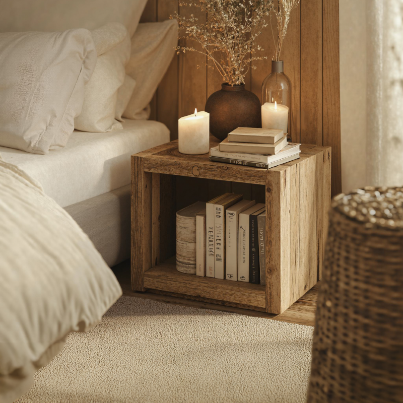 Natural Wooden Standing Nightstand With Open Storage